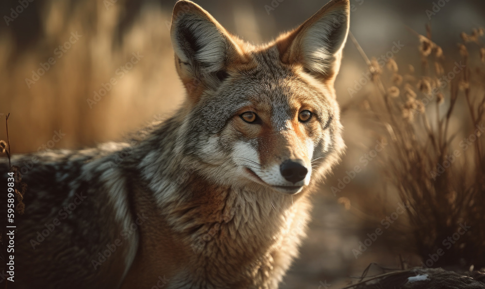 sunset close up photo of coyote amongst tall grass. Generative AI sunset close up photo of coyote amongst tall grass. Generative AI