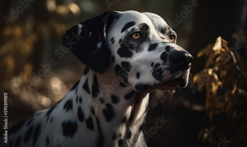 close up photo of Dalmatian on blurry forest background. Generative AI