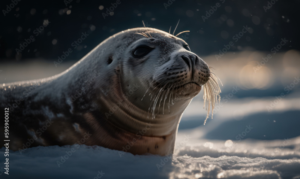 Obraz premium Crabeater seal, captured amidst vast expanses of ice & snow. Animal is pictured basking in soft, diffused light of the Antarctic sun, its whiskers glistening with icy droplets. Generative AI