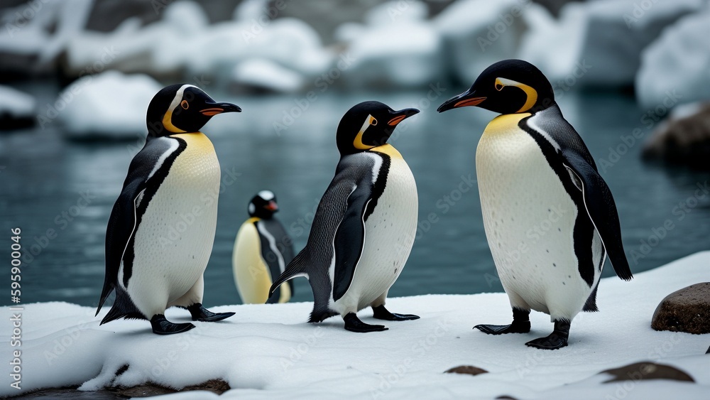 Fototapeta premium group of some white black yellow emperor penguins, generative AI