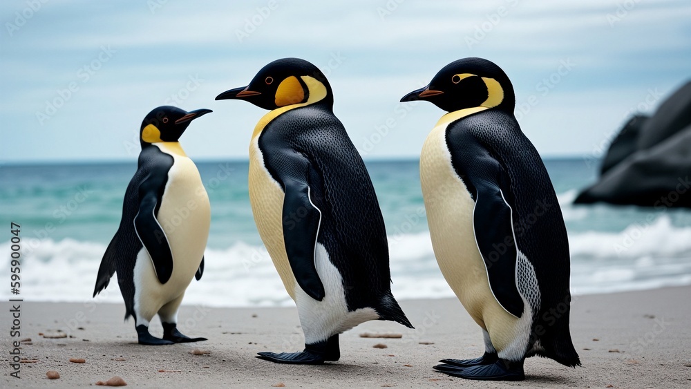 Obraz premium closeup of three white black yellow emperor penguins, generative AI