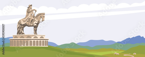 Monument to Genghis Khan in the Mongolian steppe near Ulaanbaatar. Sculpture of a horseman, vector. The founder of the Mongol Empire, the leader of the nomads. Monument on the background of landscape