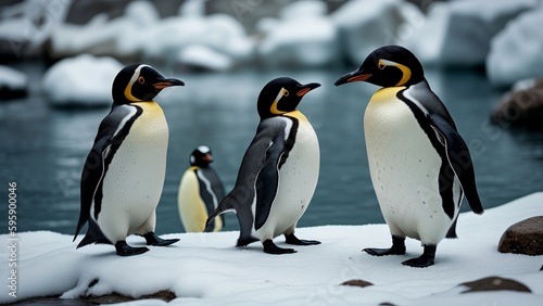 group of some white black yellow emperor penguins  generative AI
