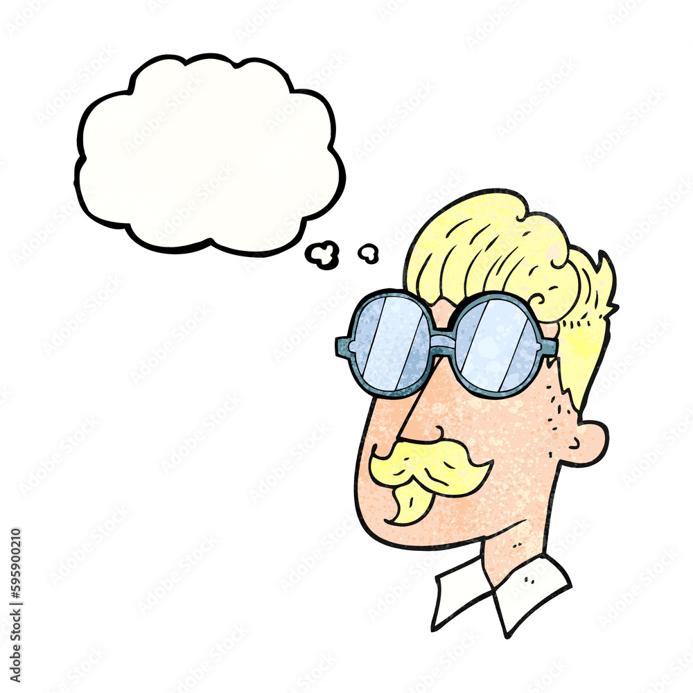 freehand drawn thought bubble textured cartoon man with mustache and spectacles freehand drawn thought bubble textured cartoon man with mustache and spectacles