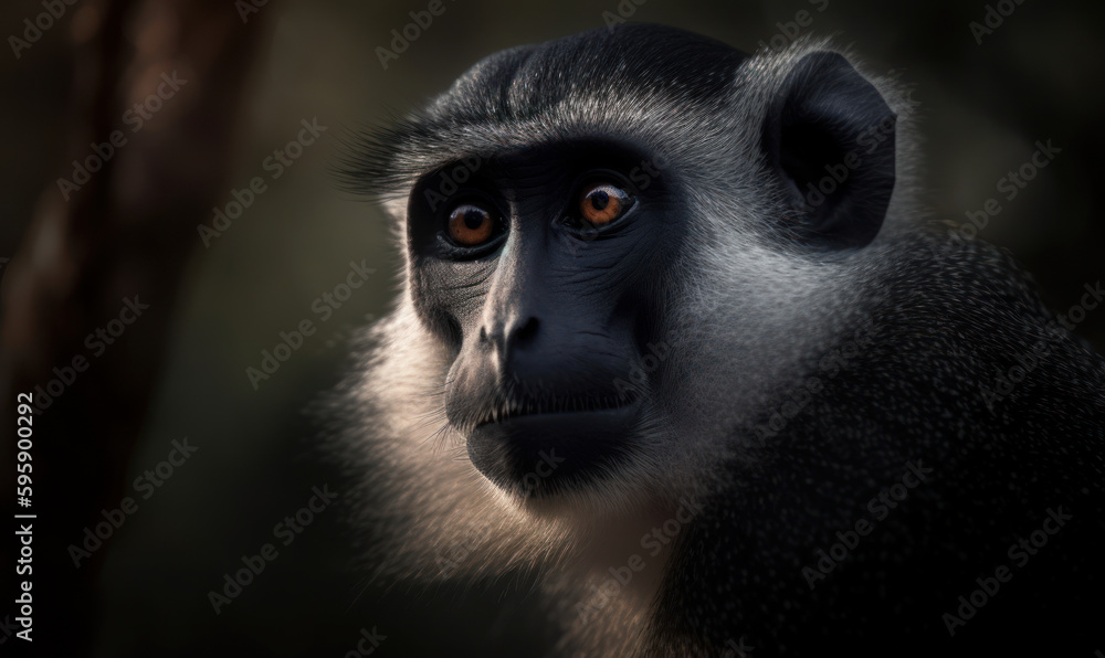 Close up photo of DeBrazza's monkey, captured in its natural habitat of dense African forests. image showcasing its striking black and white facial markings. Generative AI Close up photo of DeBrazza's monkey, captured in its natural habitat of dense African forests. image showcasing its striking black and white facial markings. Generative AI