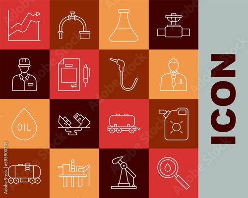Set line Oil drop, Canister for motor oil, Businessman stock market trader, petrol test tube, Contract money and pen, Oilman, price increase and Gasoline pump nozzle icon. Vector