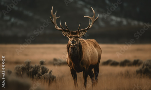 Photo of American elk, majestically standing amidst sprawling grasslands of Yellowstone National Park. The composition emphasizes the elk's dominance and power in its natural habitat. Generative AI