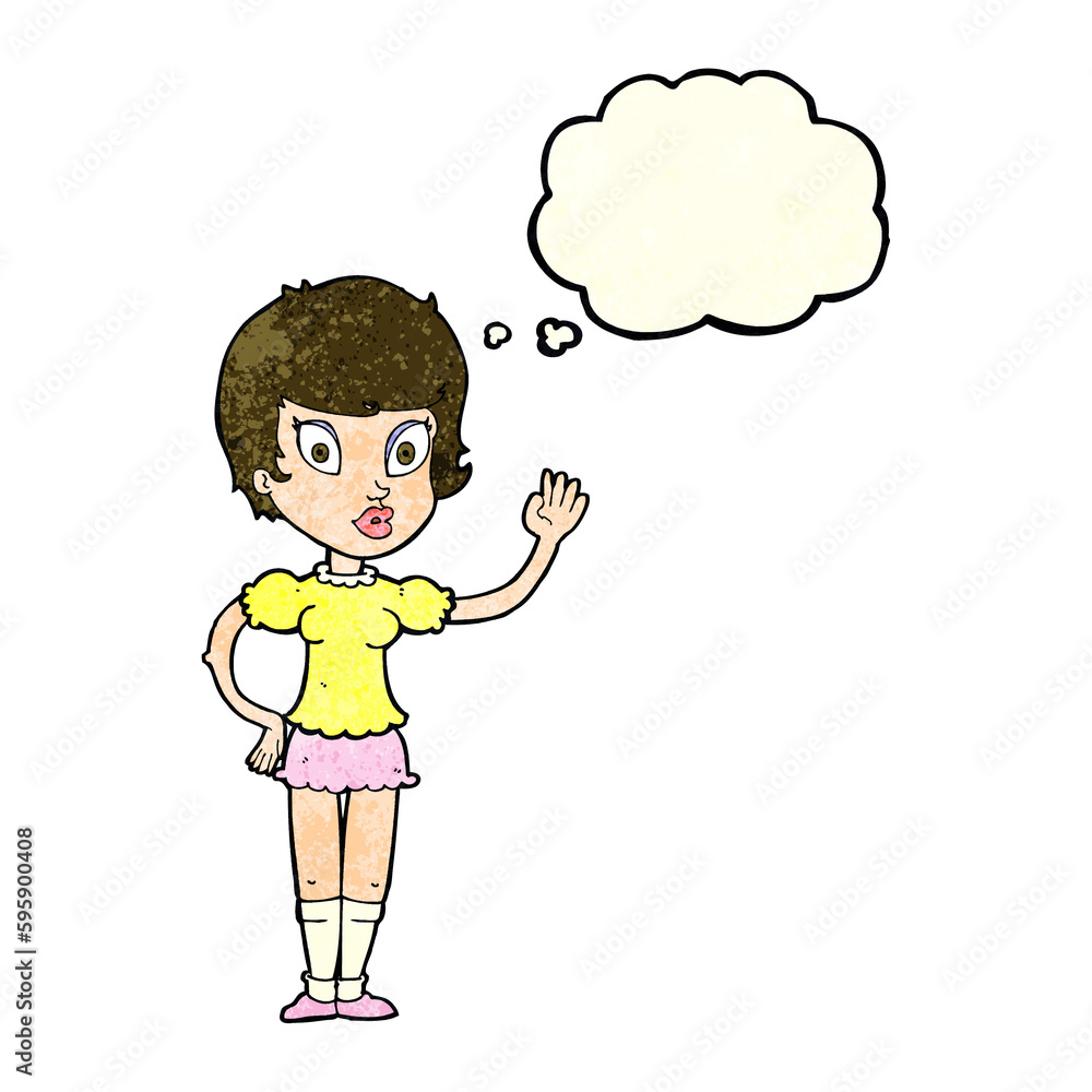 cartoon pretty girl waving with thought bubble cartoon pretty girl waving with thought bubble