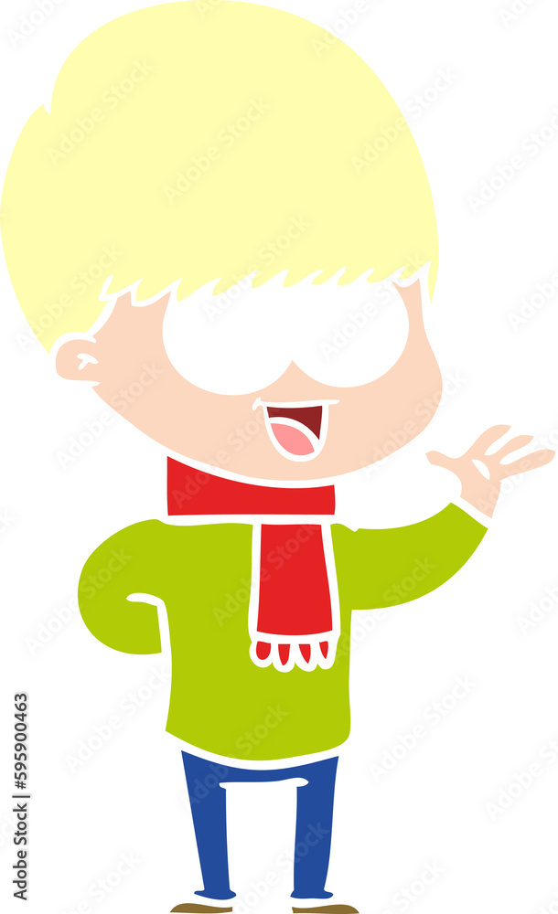 happy flat color style cartoon boy waving