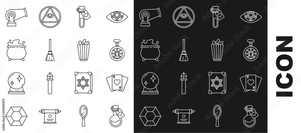 Set line Bottle with love potion, Playing cards, Unicycle or one wheel bicycle, Witches broom, cauldron, Cannon and Popcorn box icon. Vector Set line Bottle with love potion, Playing cards, Unicycle or one wheel bicycle, Witches broom, cauldron, Cannon and Popcorn box icon. Vector