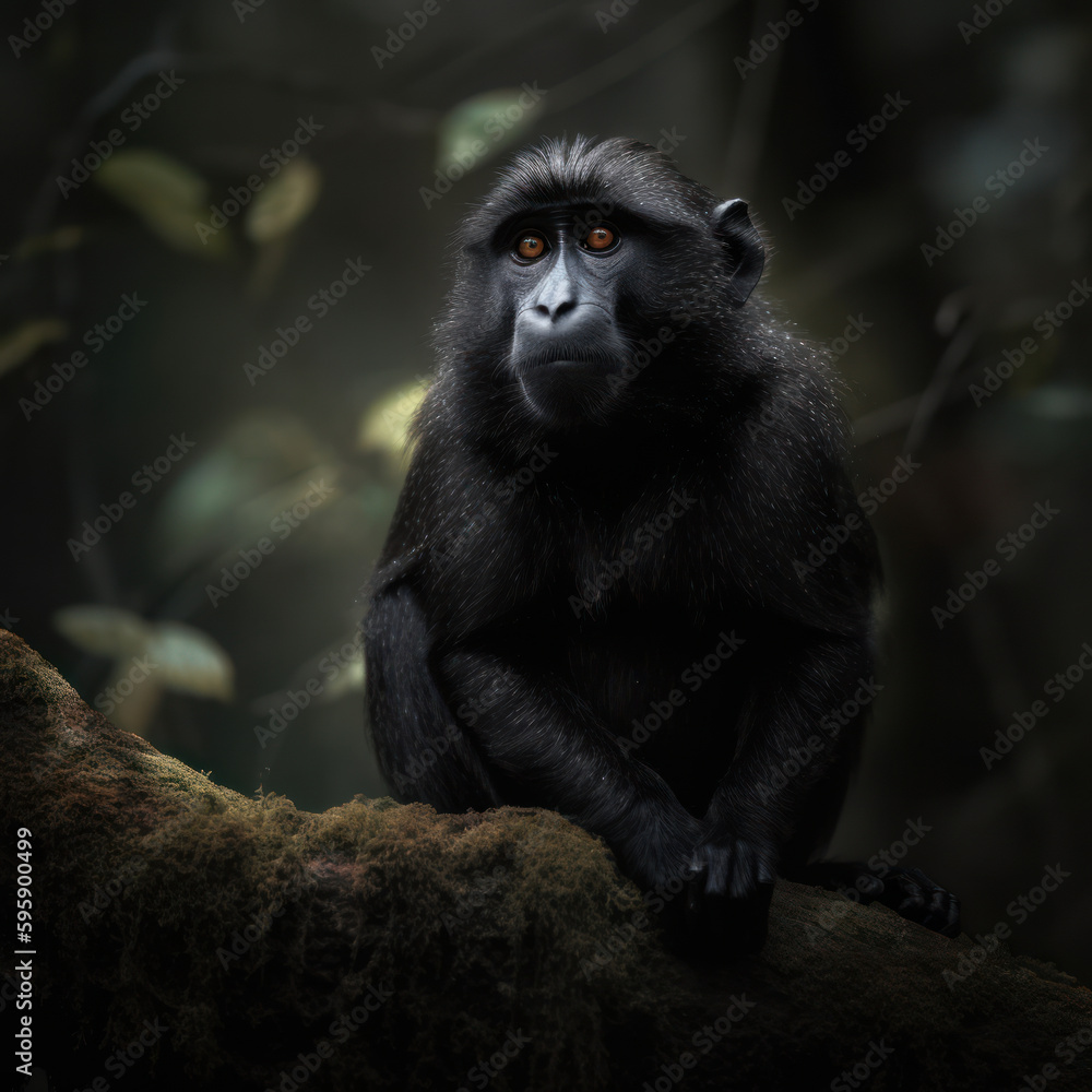 Majestic Crested Black Macaque, perched on a moss-covered tree trunk in the lush rainforest of Sulawesi Island. The primate's striking black & white fur is captured in stunning detail. Generative AI Majestic Crested Black Macaque, perched on a moss-covered tree trunk in the lush rainforest of Sulawesi Island. The primate's striking black & white fur is captured in stunning detail. Generative AI