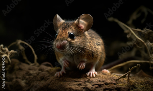 photo of deer mouse (genus Peromyscus) on black background. Generative AI © Bartek