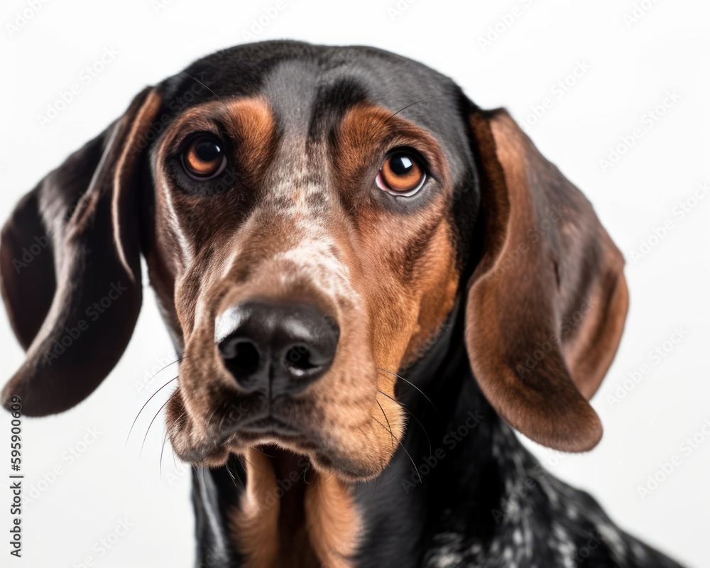 close up photo of coonhound isolated on white background. Generative AI