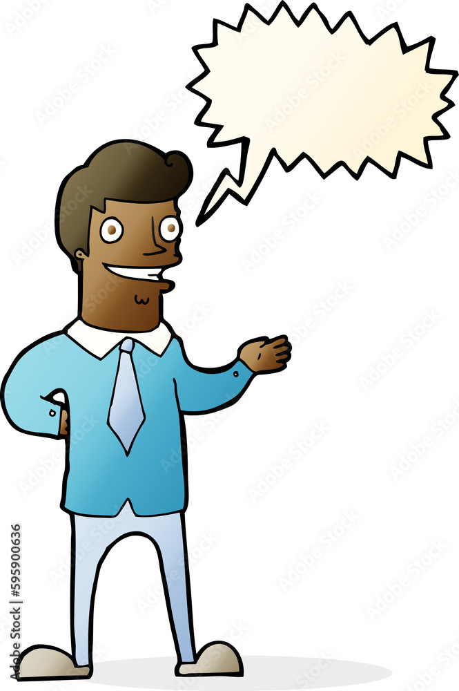 cartoon salesman with speech bubble