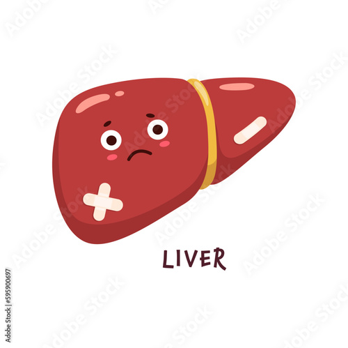 Liver sick, body organ character injured or unhealthy, cartoon vector personage. Fatty liver disease or hepatic illness infection, unhealthy sad liver with medical patch on hepatitis or cirrhosis