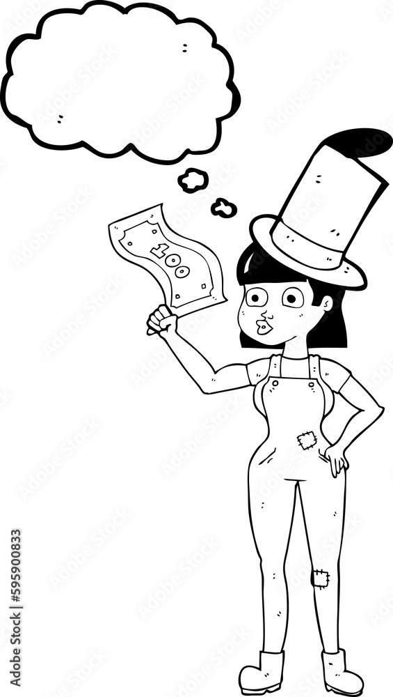 freehand drawn thought bubble cartoon woman holding on to money freehand drawn thought bubble cartoon woman holding on to money