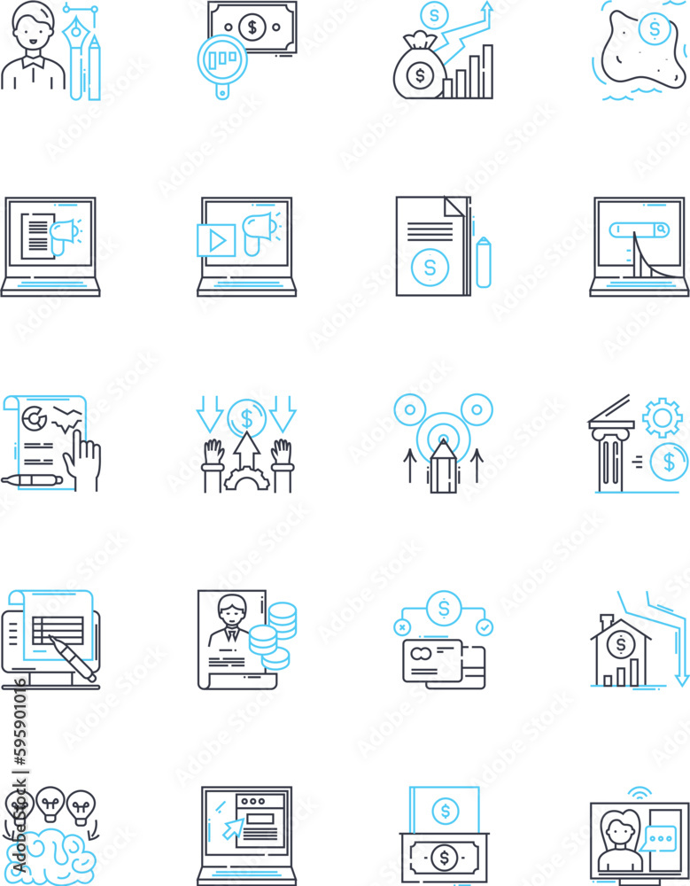 Stock trading linear icons set. Shares, Investment, Market, Trading, Equity, Bull, Bear line vector and concept signs. Portfolio,Dividend,Risk outline illustrations