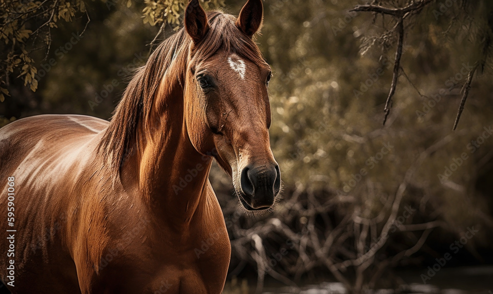 Fototapeta premium close up photo of Criollo, horse breed of Argentina on blurry forest background. Generative AI