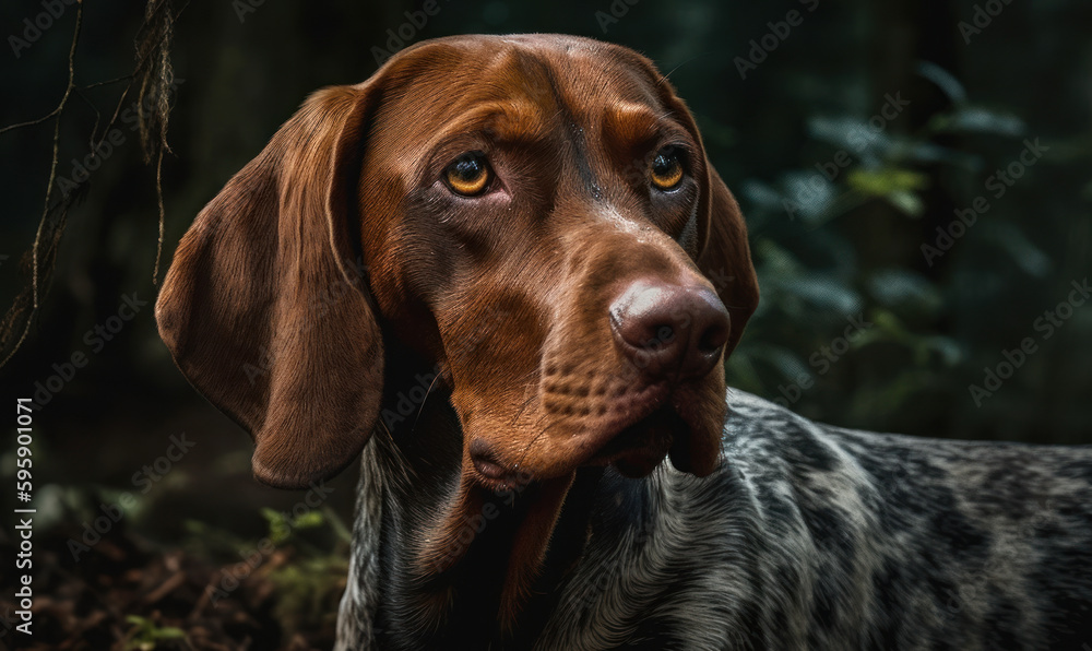 close up photo of coonhound on blurry forest background. Generative AI