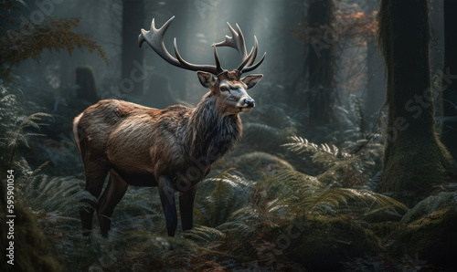 Photo of deer majestically standing amidst a dense forest. The composition evokes a sense of tranquility and harmony with nature, highlighting the deer's innate grace and beauty. Generative AI