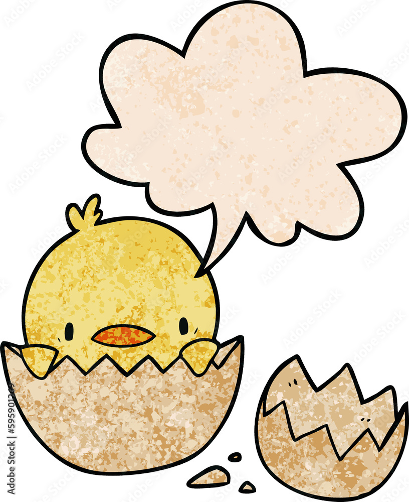 cute cartoon chick hatching from egg with speech bubble in retro texture style cute cartoon chick hatching from egg with speech bubble in retro texture style