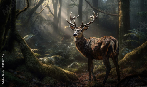 Photo of deer majestically standing amidst a dense forest. The composition evokes a sense of tranquility and harmony with nature, highlighting the deer's innate grace and beauty. Generative AI © Bartek