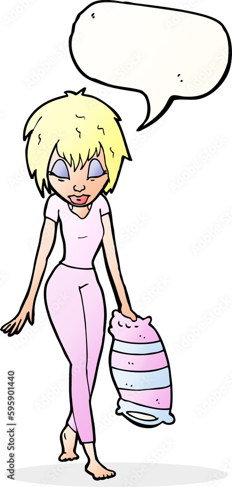 cartoon woman going to bed with speech bubble cartoon woman going to bed with speech bubble