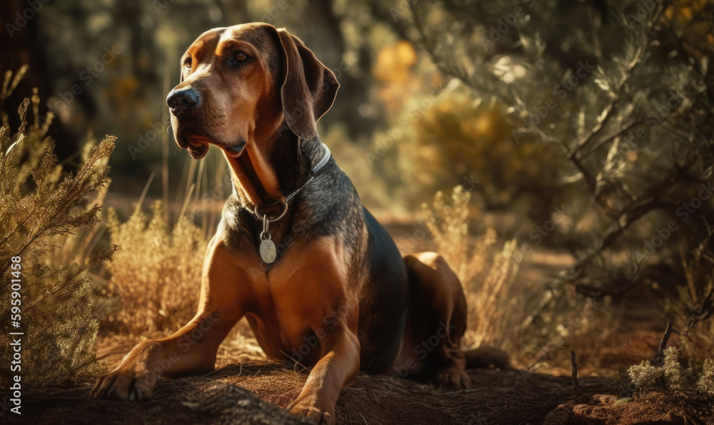 sunset photo of coonhound in its natural habitat. Generative AI