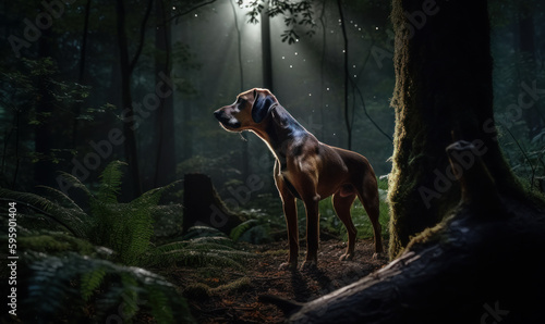 Coonhound in the Moonlight Amid a Dense Forest. This breathtaking image captures the essence of the coonhound breed and its love for the hunt. Generative AI © Bartek