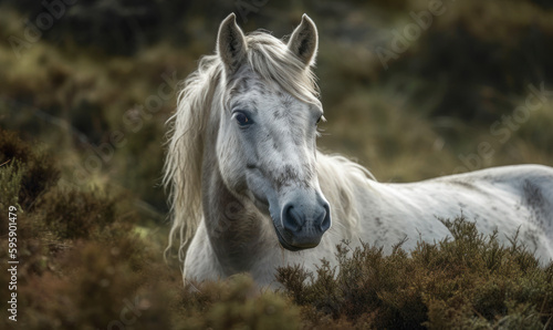 close up photo of Connemara  breed of pony  in its natural habitat. Generative AI