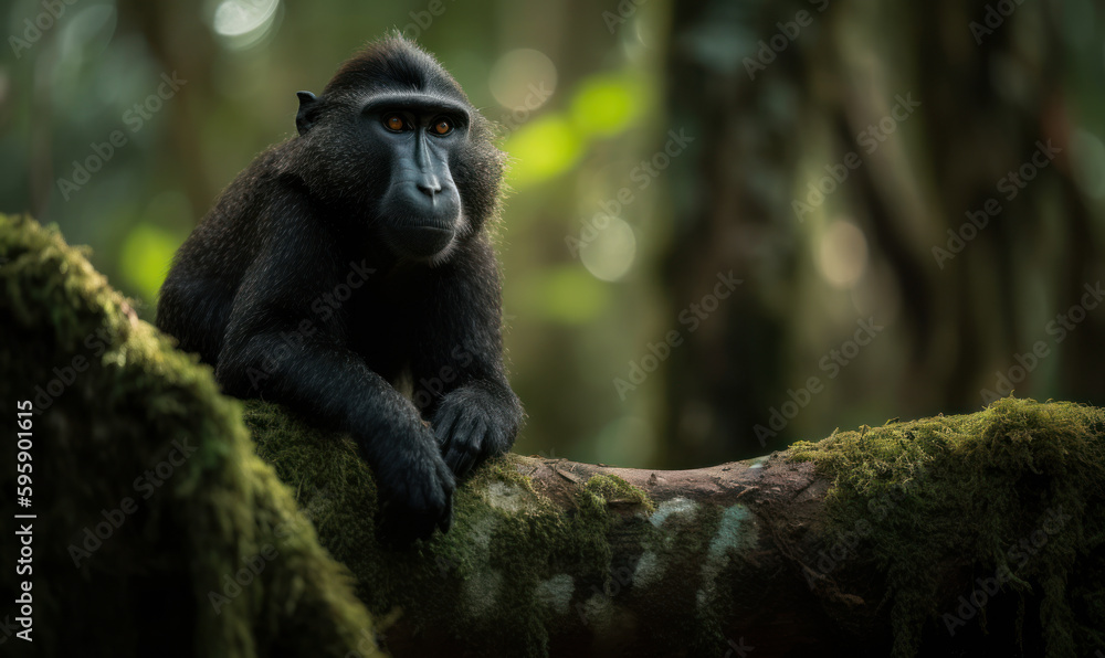 Obraz premium Majestic Crested Black Macaque, perched on a moss-covered tree trunk in the lush rainforest of Sulawesi Island. The primate's striking black & white fur is captured in stunning detail. Generative AI