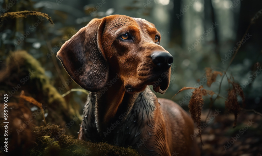 close up photo of coonhound on blurry forest background. Generative AI close up photo of coonhound on blurry forest background. Generative AI