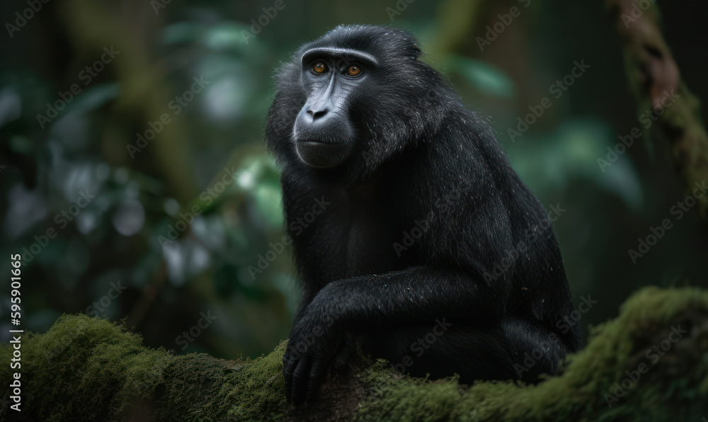 Majestic Crested Black Macaque, perched on a moss-covered tree trunk in the lush rainforest of Sulawesi Island. The primate's striking black & white fur is captured in stunning detail. Generative AI Majestic Crested Black Macaque, perched on a moss-covered tree trunk in the lush rainforest of Sulawesi Island. The primate's striking black & white fur is captured in stunning detail. Generative AI