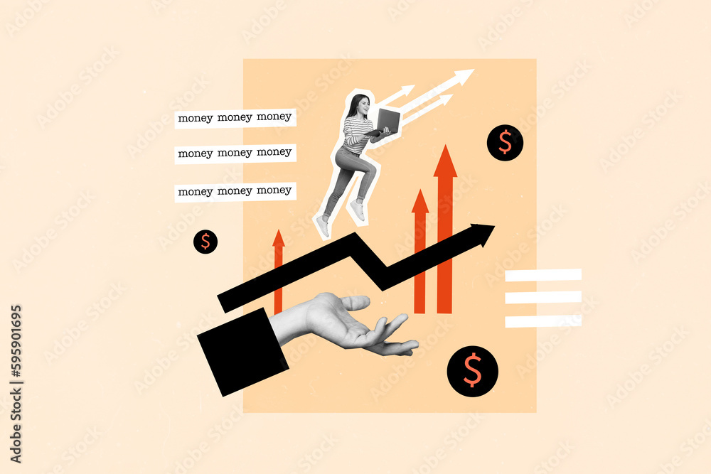 Poster collage image artwork of funny girl walking big arm running work using computer browsing usd rate isolated on drawing background Poster collage image artwork of funny girl walking big arm running work using computer browsing usd rate isolated on drawing background