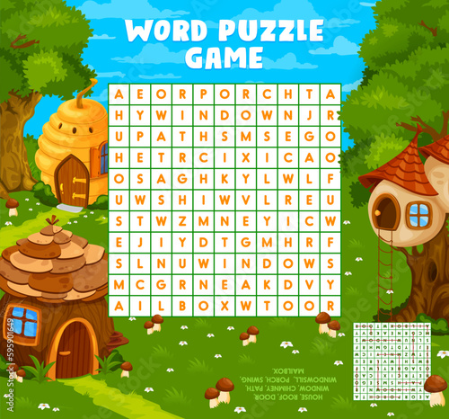 Fairytale cartoon houses word search puzzle game worksheet, kids quiz. Vector crossword brainteaser grid for children, riddle with cone, bee hive or nest on tree fantasy fairy dwellings in forest task