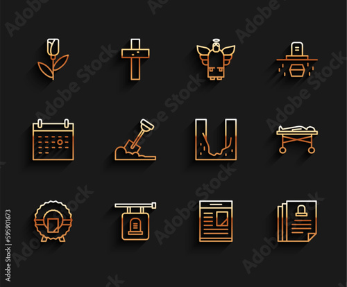 Set line Memorial wreath, Signboard tombstone, Flower rose, Obituaries, Death certificate, Shovel in the ground, Dead body morgue and Cemetery digged grave hole icon. Vector