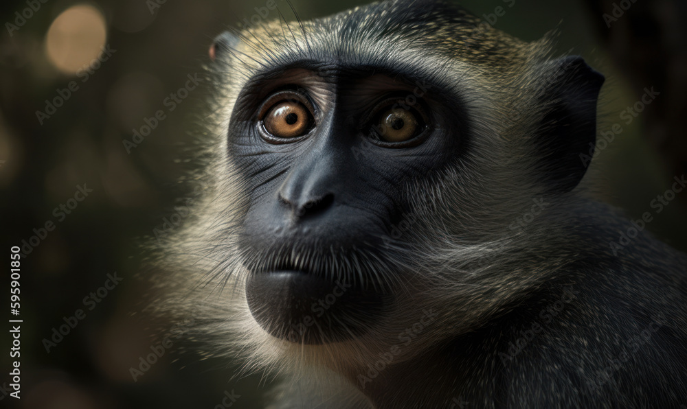 Obraz premium close up photo of DeBrazza’s monkey on blurry jungle background. Generative AI