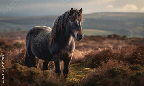 photo of Dartmoor, breed of pony in its natural habitat. Generative AI © Bartek