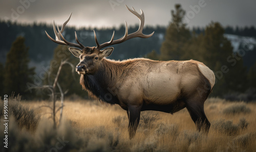 Photo of American elk, majestically standing amidst sprawling grasslands of Yellowstone National Park. The composition emphasizes the elk's dominance and power in its natural habitat. Generative AI