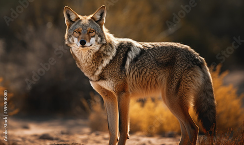 sunset photo of coyote in its natural habitat. Generative AI © Bartek