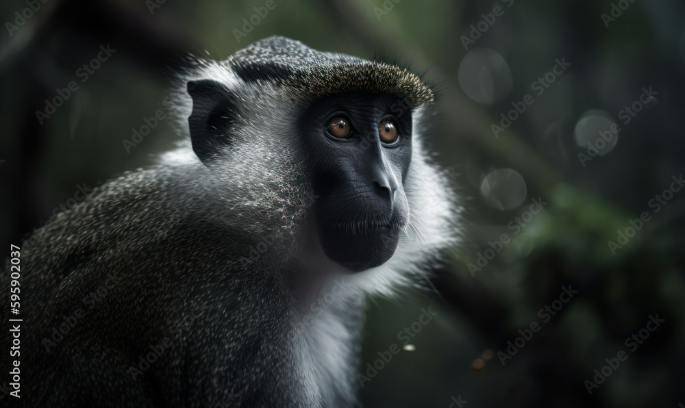 Fototapeta premium Photo of DeBrazza's monkey, captured in its natural habitat of dense African forests. image showcasing its striking black and white facial markings. Generative AI