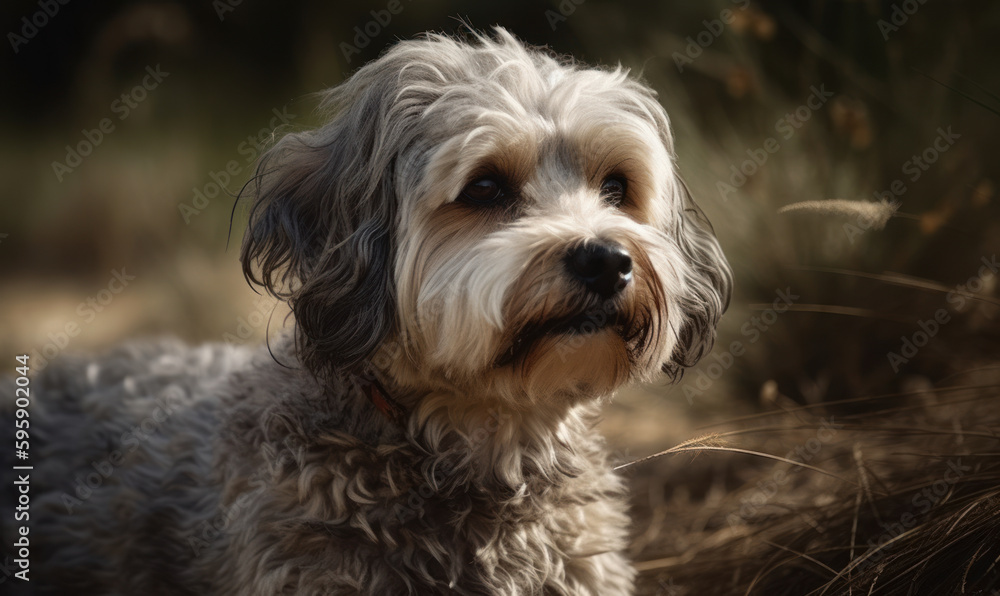 close up photo of Dandie Dinmont terrier with blurry forest background. Generative AI