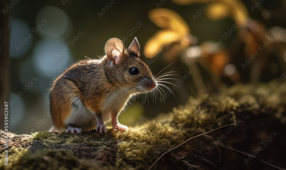 Photo of deer mouse (genus Peromyscus) perched on rock in sun-dappled forest, nibbling on a seed with its delicate paws emphasizing fine details of mouse's fur & texture of the rock. Generative AI Photo of deer mouse (genus Peromyscus) perched on rock in sun-dappled forest, nibbling on a seed with its delicate paws emphasizing fine details of mouse's fur & texture of the rock. Generative AI
