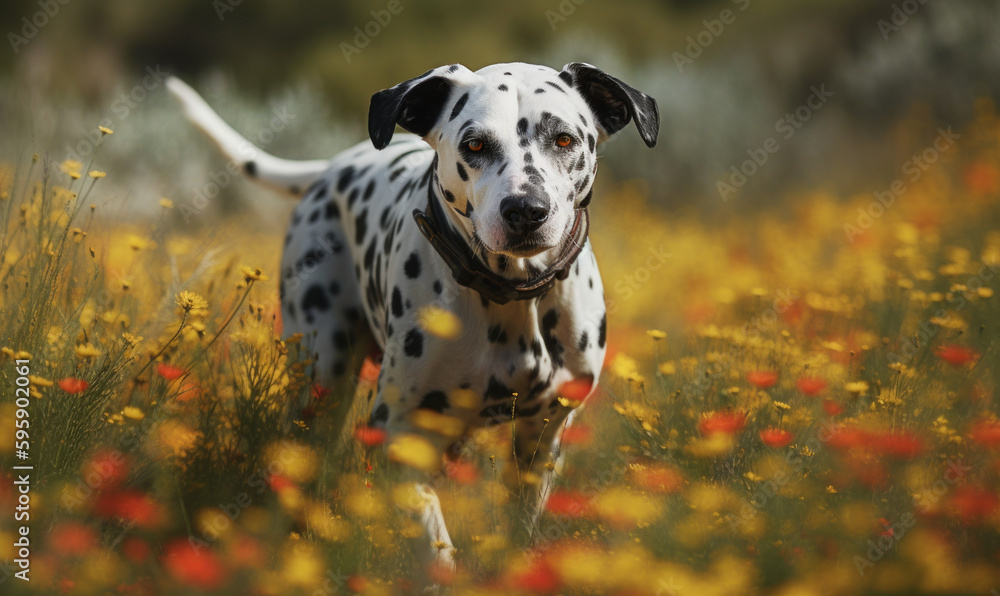Dalmatian captured in motion as it dashes through a sun-drenched meadow with wildflowers, bathed in warm golden sunlight casting deep shadows & accentuating dog's lithe & athletic form. Generative AI