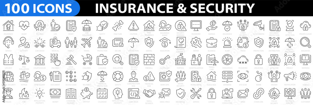Insurance & Security 100 icon set. Healthcare medical, life, car, home, travel insurance, secured payment, encryption, safety, insurance, data protection, detector and more. Vector illustration. - obrazy, fototapety, plakaty 