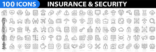 Insurance & Security 100 icon set. Healthcare medical, life, car, home, travel insurance, secured payment, encryption, safety, insurance, data protection, detector and more. Vector illustration.
