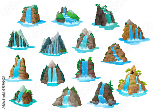 Waterfall and water cascades, game asset for cartoon levels, vector GUI nature landscape. Waterfall and cascades from mountain river or island rock hill, forest lakes of fantasy game asset