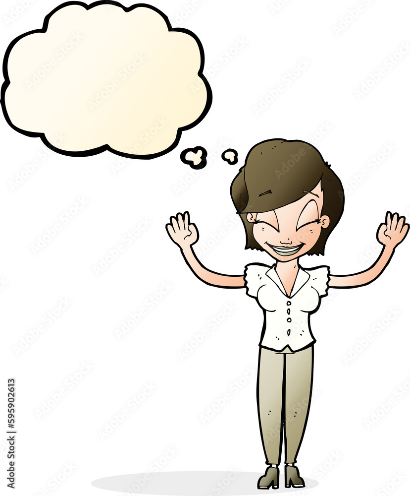 cartoon pretty woman with hands in air with thought bubble cartoon pretty woman with hands in air with thought bubble