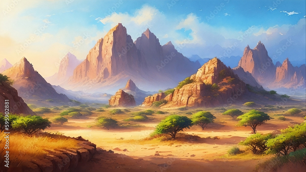 Desert landscape with trees, generative AI