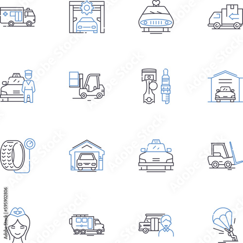 Roadworthy conveyance line icons collection. Safety, Vehicle, Inspection, Maintenance, Checklist, Standards, Test vector and linear illustration. Condition,Roadworthiness,Compliance outline signs set